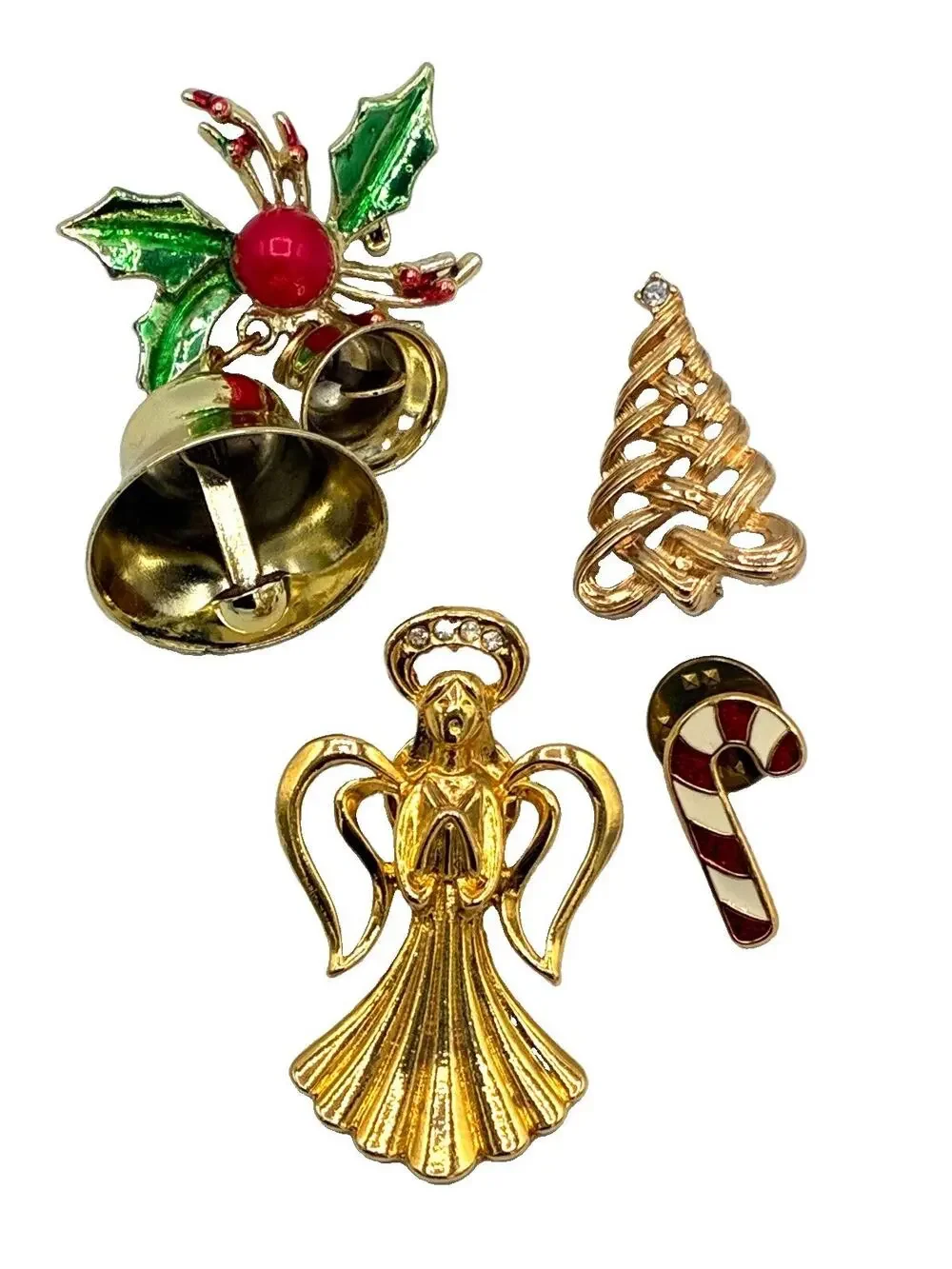 Vintage Christmas Brooch Pin Lot of 4 Bell Tree Angel Candy Cane Holiday Jewelry